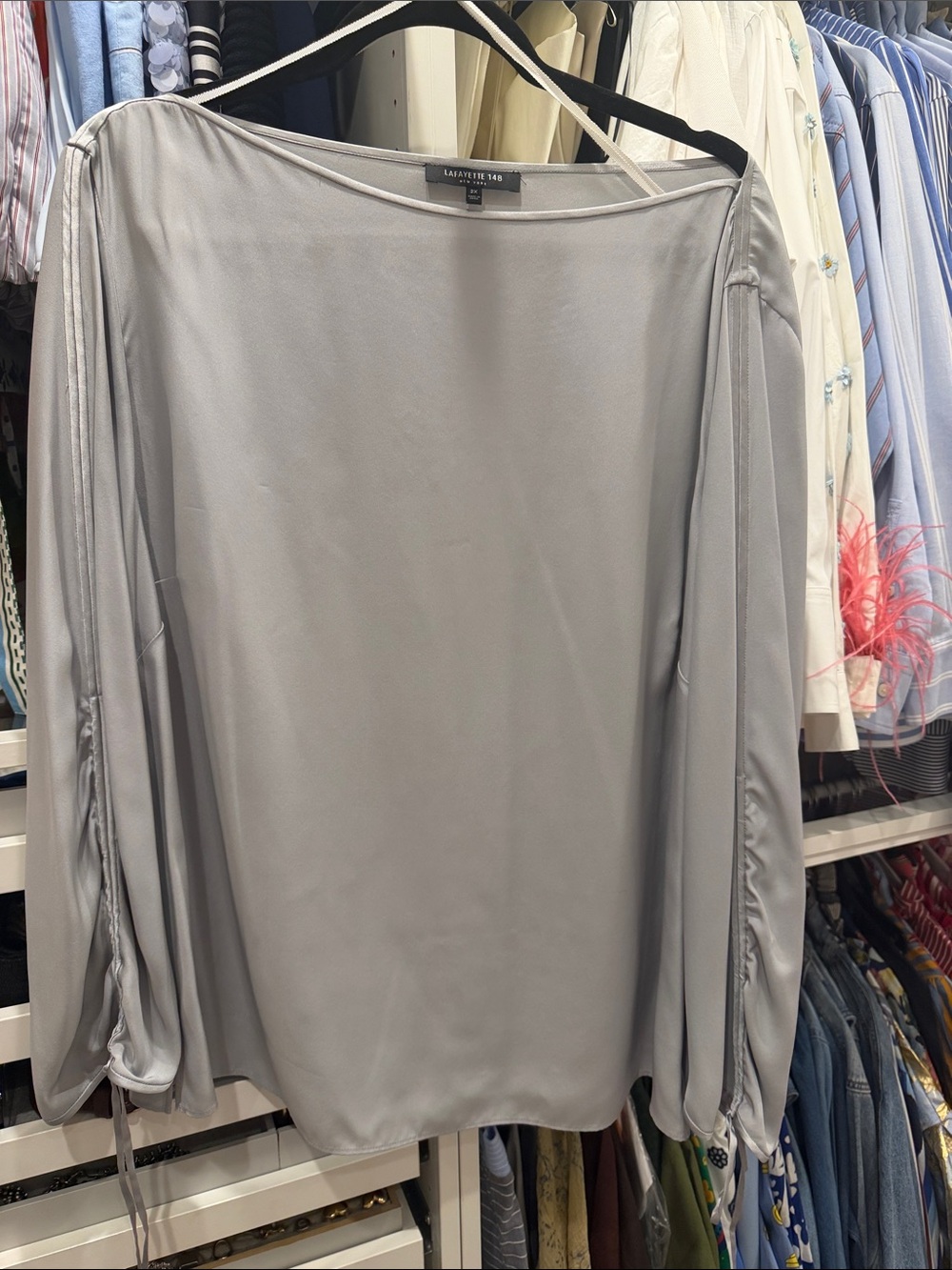 Lafayette 148 New York Silver-Gray Satin Boatneck Blouse